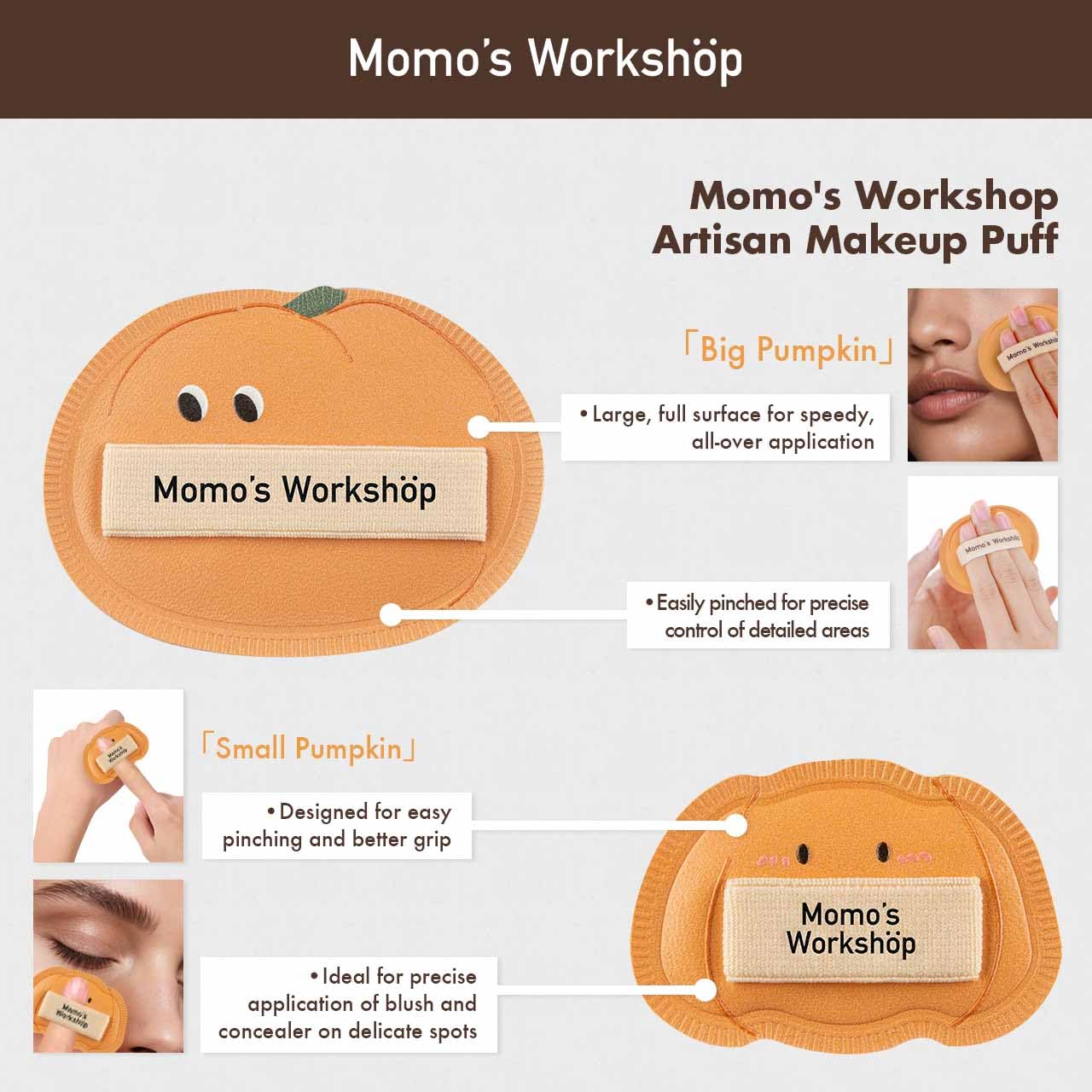 Momo's Workshop Pumpkin Makeup Sponge Set (3pcs) - Large & Small Cushion Puffs for Halloween Themed,Rubycell Material for Flawless Foundation Application, Travel-Friendly & Storage Case