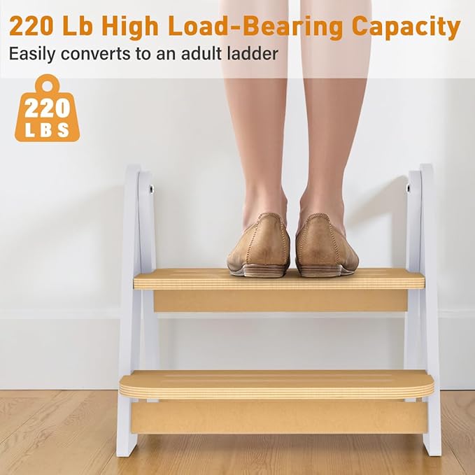 Toddler Step Stool, Wooden Height-Adjustable 2 Step Stool for Kids, 2 in 1 Potty Training Stool with Safety Handles Non-Slip Pads for Bathroom Sink, Kitchen, Bedroom (White, Foldable)