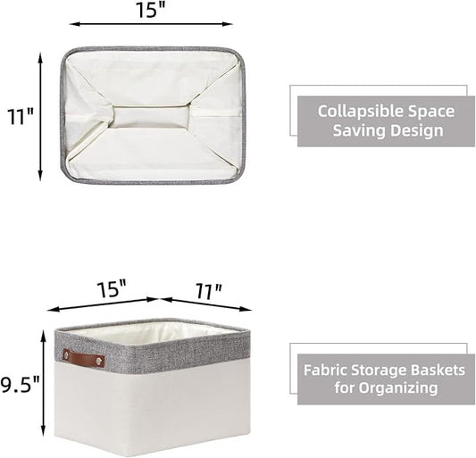 HNZIGE Large Storage Baskets for Shelves(3 Pack) Fabric Storage Toy Baskets with Handles, Decorative Foldable Storage Bins for Organizing (Gray&White-Leather Handles, 15"x11"x9.5")