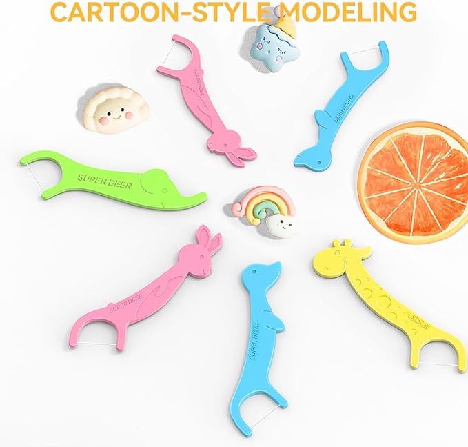 Super Deer Dental Floss Picks for Kids,4 Animal-Shaped Picks, Fluoride-Free, Fun Oral Care in Colorful Floss Sticks Design Ideal for Ages 3+, 100 Count (Pack of 1)