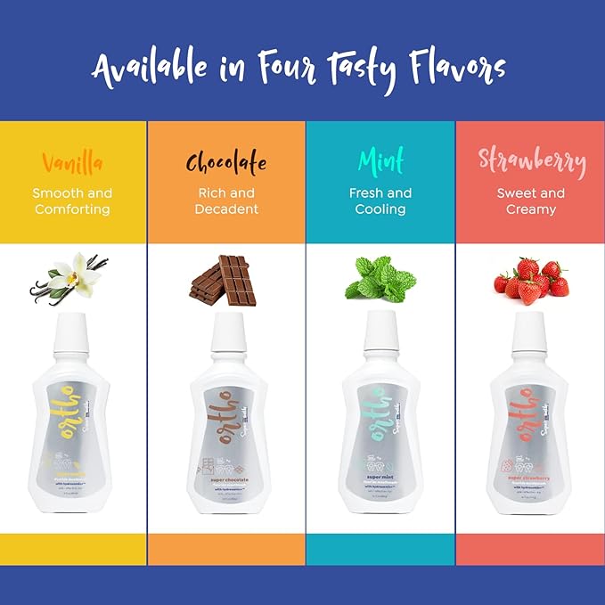 SuperMouth® Ortho Mouthwash – Fluoride + Nano-Hydroxyapatite, Vitamins D3 & K2, Prebiotics, Alcohol-Free, Alkaline pH, Protects Teeth with Braces & Aligners, Reduces White Spots, Tasty Flavors