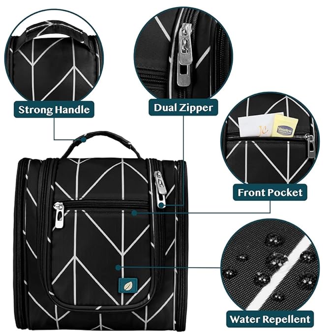 PAVILIA Toiletry Bag Travel Bag for Women Men, Hanging Cosmetic Organizer, Water Resistant Makeup Bag for Accessories Toiletries, Large Travel Essentials Kit (Black Chevron)