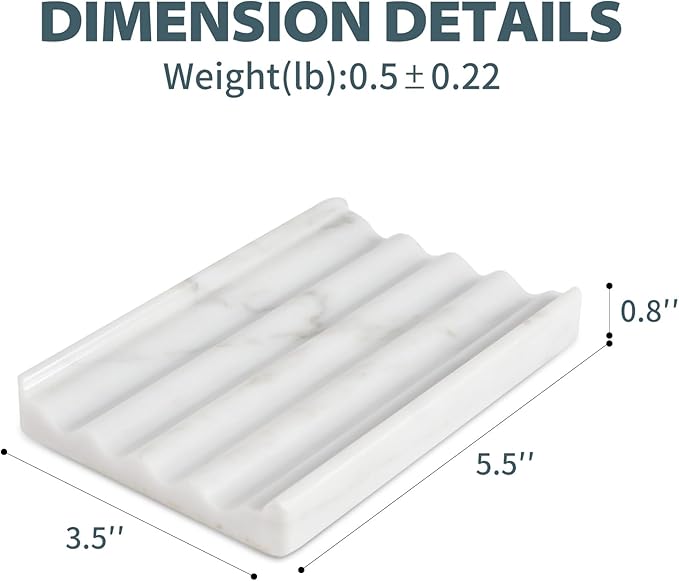 Soap Holder, Marble Soap Dish for Shower, Bar Soap Holder with Water Ripple Design, Easy Cleaning Soap Saver for Kitchen Sink，Bathroom, Executive Italian Natural Stone Soap Tray(Bianco Carrara)