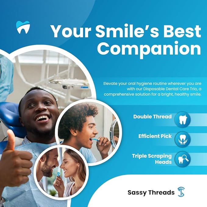 3-in-1 Complete Dental Care Set: Double Thread Floss Picks, Toothpicks, and Tongue Scraper - Your Oral Hygiene Solution with Disposable Floss Sticks for On The Go or Travel (3)