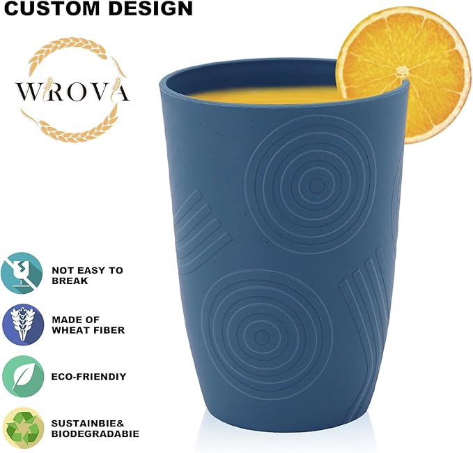 Wrova Wheat Straw Water Cups 16oz with Etched Pattern - Alternative Plastic Drinking Glasses Set of 6 - Reusable Tumbler Cups for Kids - Navy Blue