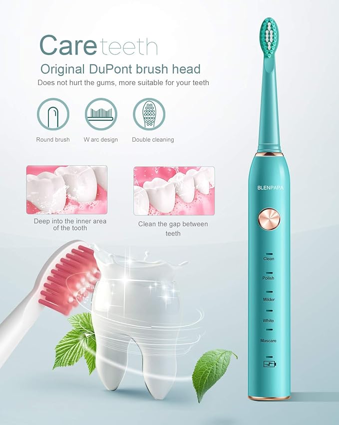 USB Rechargeable Sonic Electric Toothbrush for Adults Powered Motor Soft Dupont Brush Heads 2 Minutes Timer 5 Modes Teeth Whitening, Green