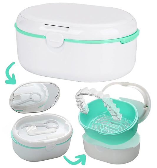 MURRI&MURRDI Retainer Case, Denture Bath Box with Strainer Basket, Mouth Guard Case, Braces Cleaner Cup, Cute Retainer Holder Denture Storage Soak Container for Travel Cleaning (D White)