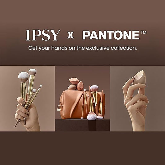 IPSY x PANTONE™ Limited Edition Mocha Mousse-Inspired Beauty Bundle - Makeup Brush Set, Sponges, and Bag – 5 Pro Brushes, 3 Blending Sponges & Soft Vegan Leather Cosmetic Bag