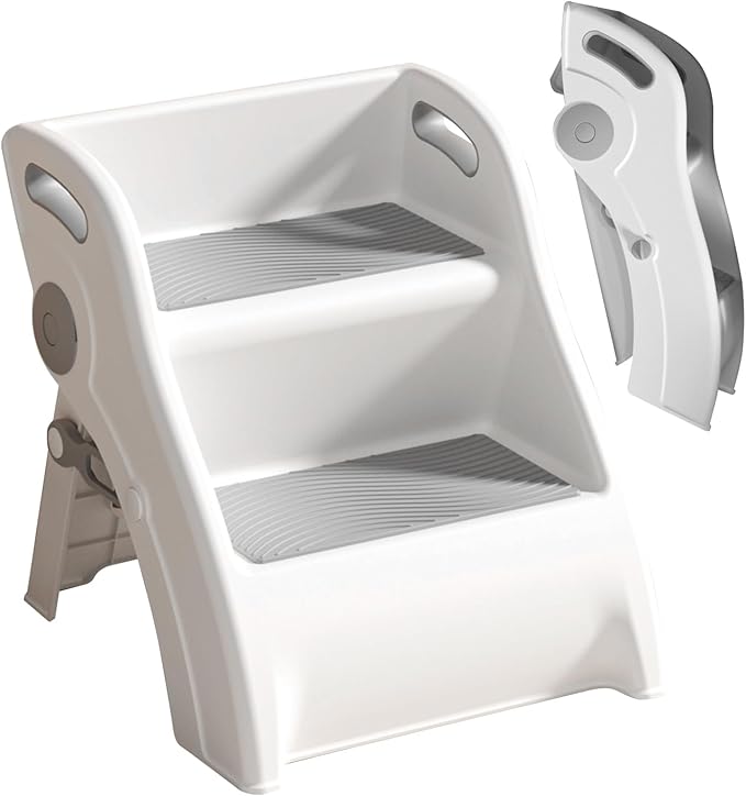 Step Stool for Toddlers – Foldable Toddler Step Stool for Bathroom Sink, 100lbs Load Bearing Non-Slip Kids Stool with Handles and Anti-Tip Design - Potty Training Stool for Ages 2+ (1.Grey)