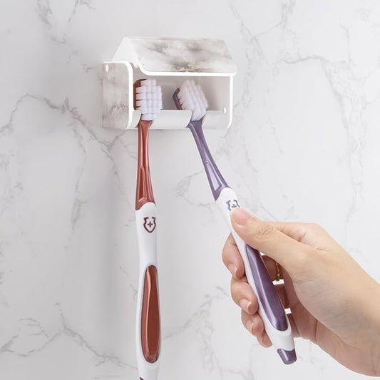 Toothbrush Holders Wall Mounted with Cover, Electric Tooth Brushing Holder for Bathroom, 2 Slots Self Adhesive Toothbrush Organizer, Toothbrush Stand for Family, Kids (1, White Marble)