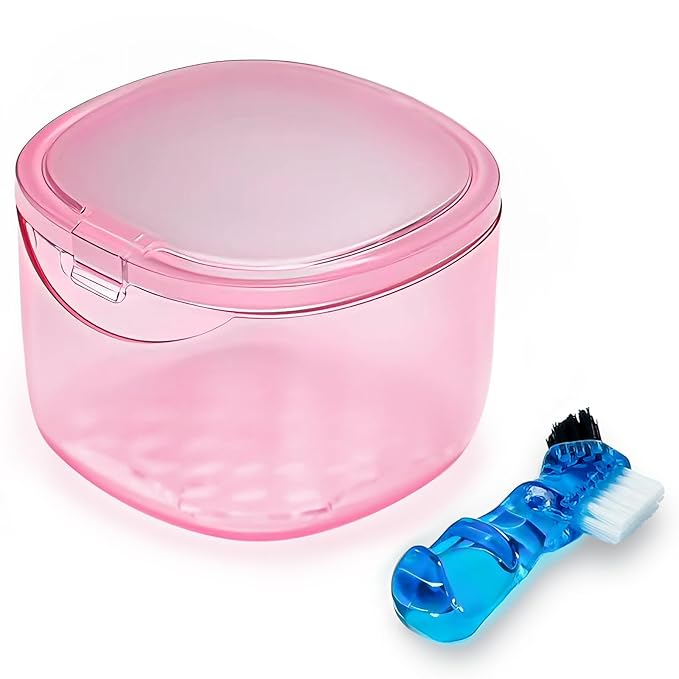 Travel Denture Case Denture Soaking Container with Brush, Denture Cleaning Case Retainer Bath Box Case False Teeth Container - Leak Proof & Lid Waterproof - Transparent Pink