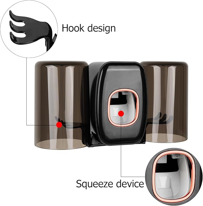 4 Slots Wall Mount Toothbrush Holder with Cover, Self Adhesive Toothbrush Storage Organizer for Shower, Toothbrush Hanger with 2 mouthwash Cups for Bathroom, Medicine Cabinet, Dorm (Black)