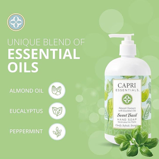 Capri Essentials Hand Soap Liquid, Natural Household Cleaning Supplies, Gentle Plant Based Aromatic Hand Wash with a Blend of Essential Oils, Removes Dirt & Grime, Sweet Basil Scent, 16 FL Oz (3 Pack)