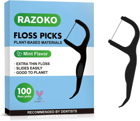 RAZOKO Biodegradable Dental Floss Picks, Charcoal Toothpick Stick Soft On Gum & Teeth, Plant Based Dental Floss Picks for Adults & Kids, 100 Count Mint