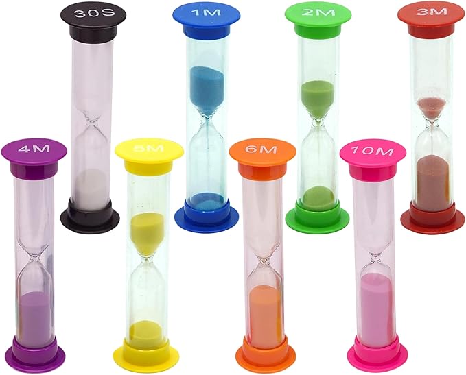 Sand Timer for Kids Set of 8 Small Colorful Hourglass Acrylic Covered Clock 30Sec 1Min 2Min 3Min 4Min 5Min 6 Min 10 Min for Classroom, Home & Kids Room