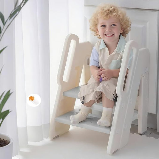 Foldable Toddler Step Stool, Adjustable 2-3 Step Kids Step Stools for Bathroom Sink, Potty Training Toilet, Child Kitchen Counter Standing Tower, Plastic Ladder Helper Stool for Bedroom