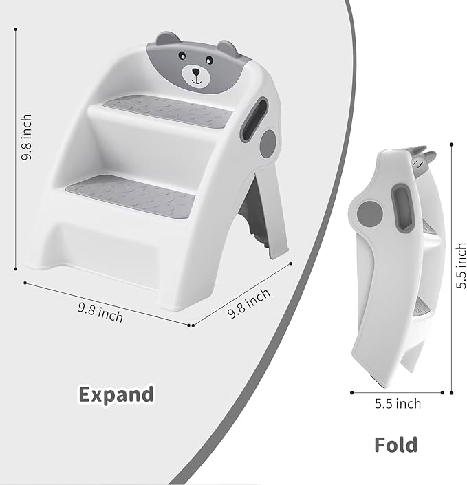 Toddler Step Stool Foldable 2 Step Stool for Kids Collapsible Stool Anti-Slip Stepping Stool for Bathroom Sink Potty Toilet Toddler Kitchen Helper (Grey)