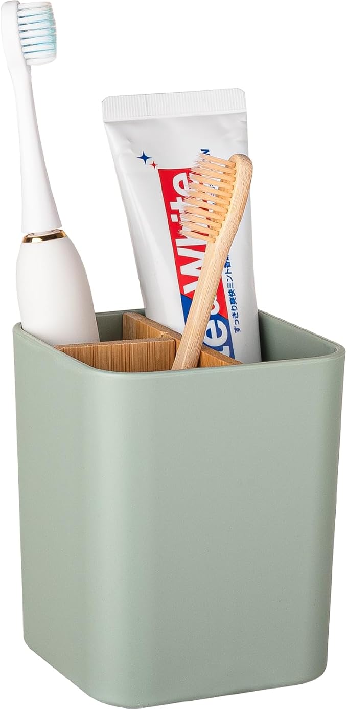 Bamboo Toothbrush Holder for Bathrooms, 3 Slots Kids Toothbrush and Toothpaste Holder Bathroom Countertop Organizer for Electric Toothbrushes, Floss, Razors - Green