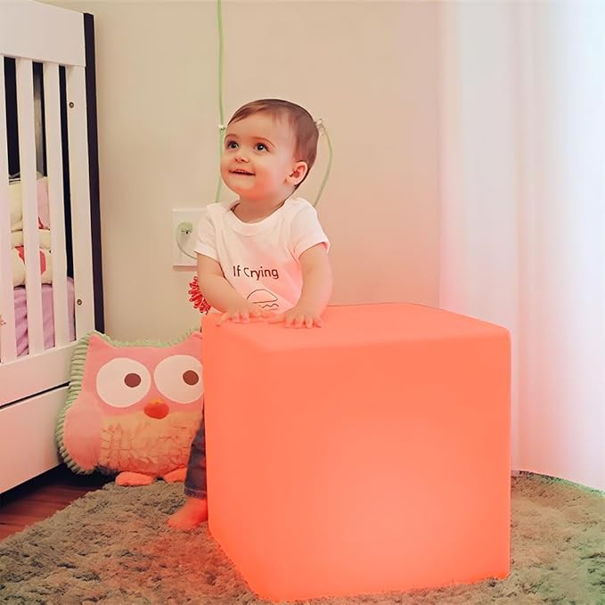 LED Cube Chair for Kids, 14-Inch RGB Color Changing LED Cube Seat w/Remote, Versatile Lighted Up Modern Side Table Glowing Nightstand Soothing Mood Light for Bedroom Living Room Patio, Fun & Practica