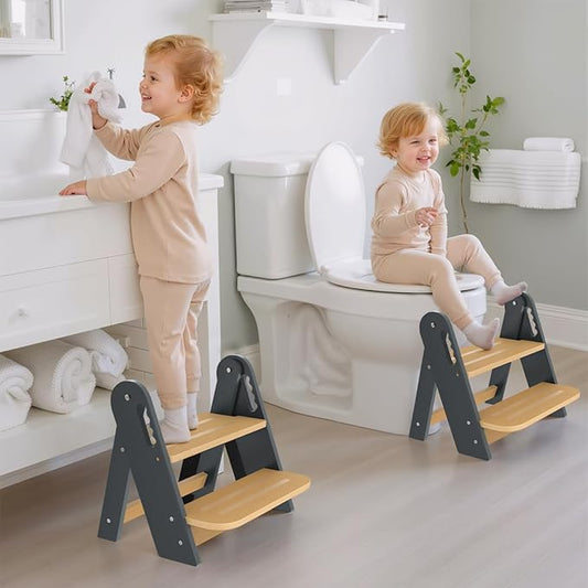 Toddler Step Stool, Wooden Height-Adjustable 2 Step Stool for Kids, 2 in 1 Potty Training Stool with Safety Handles Non-Slip Pads for Bathroom Sink, Kitchen, Bedroom (Grey, Foldable)