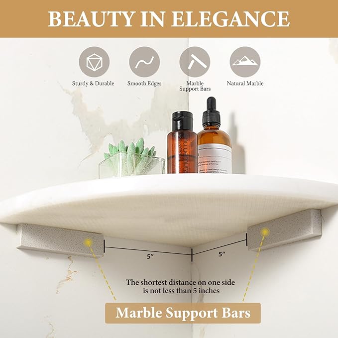 Koville 2 Pcs White Marble Corner Shower Shelves for Bathroom, 10'' Polished Marble Corner Shelves, Wall Mounted Stone Corner Shower Caddy, No Drilling Adhesive Shower Shelf - Namib Fantasy