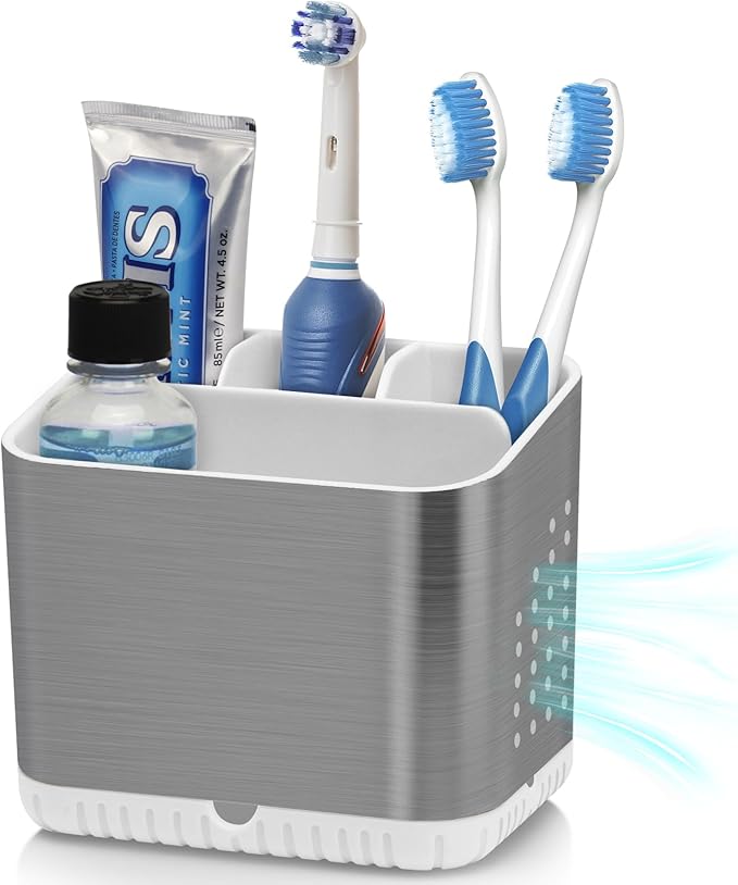 Toothbrush Holders for Bathrooms, Kids Electric Toothbrush and Toothpaste Holder, Brushed Nickel Toothbrush Caddy, Tooth Brushing Stand for Bathroom Organizer Countertop (Brushed Silver)