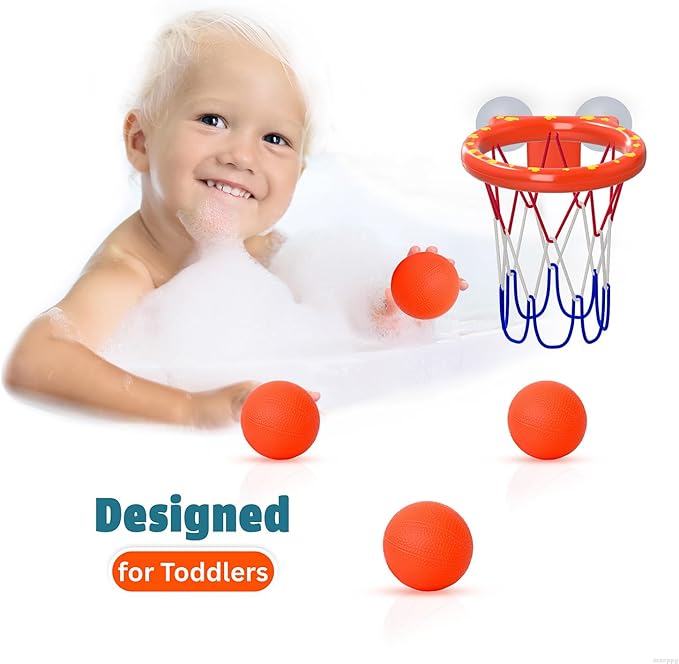 Bath Toys – Bathtub Basketball Hoop for Toddlers, Kids, Boys and Girls | 4 No-Hole Balls & Strong Suction Cups | Fun Basketball Bath Toy for Toddlers