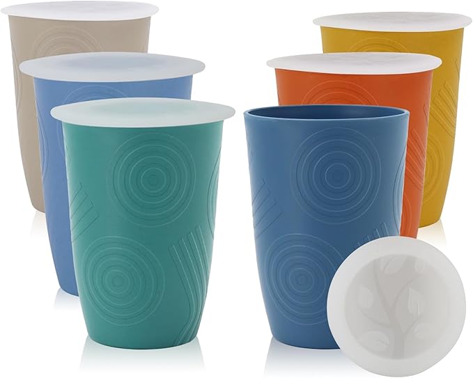 Homienly 16 OZ Wheat Straw Cups for Kitchen, Drinking Cups with Lid Set of 6, Unbreakable Cup Set Reusable, Stackable Water Tumblers (Recommend Fill Volume 12 OZ) - Colorful
