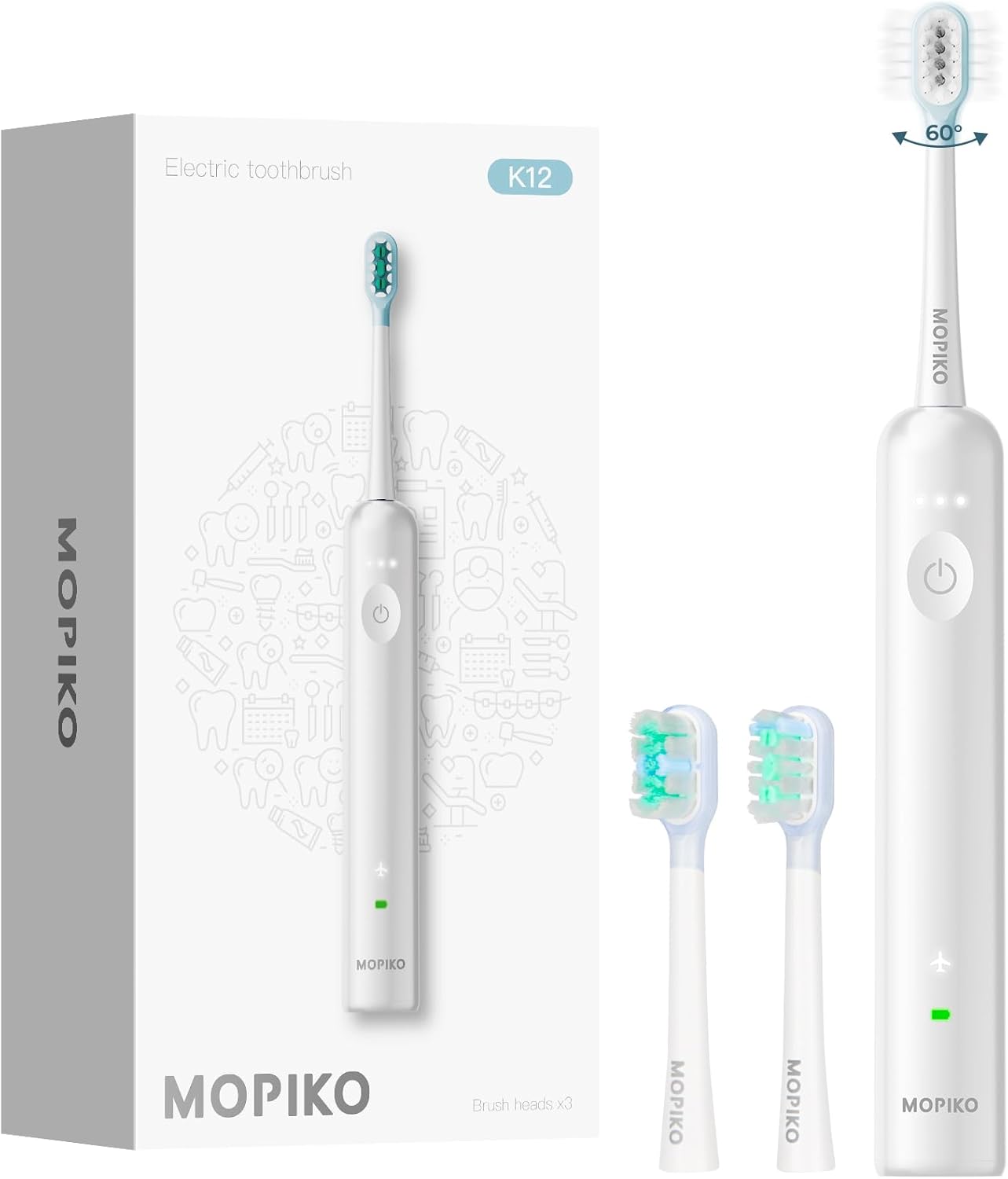 Sweep Sonic Electric Toothbrush for Adults - Rechargeable Power Toothbrush with 2 Replacement Brushheads, Touch Control Sweep Sonic 4 Modes Ultra Clean, IPX7 Waterproof, White