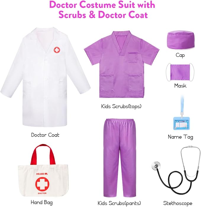 Meland Doctor Costume for Girls - Kids Scrubs with Lab Coat & Carry Bag, Doctor Dress Up for Halloween, Career Day Role Play