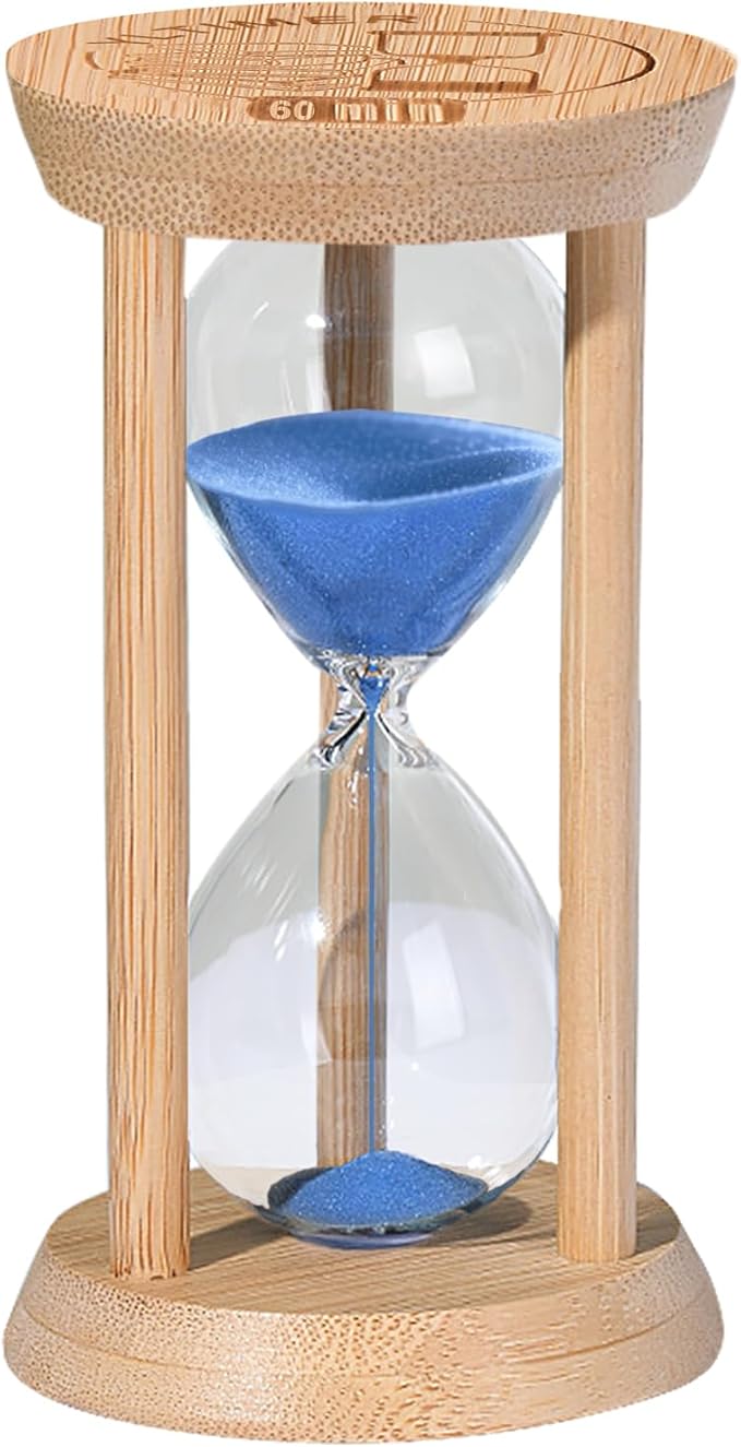 60 Minute Sand Timers, Bamboo Blue Sand Hourglass for Productivity, Meditation & Decor, 60 Min Wooden Reloj De Arena Sandwatch for Kitchen, Office, Yoga, Game, Classroom (Blue)