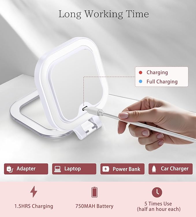 Shinowa Rechargeable Travel Makeup Mirror with 44 LED Lights, 1X/10X Magnifying Vanity Mirror with 3 Color Light, Folding Stand, 4 Inch Portable Dimmable Double Sided Compact Lighted Mirror, White