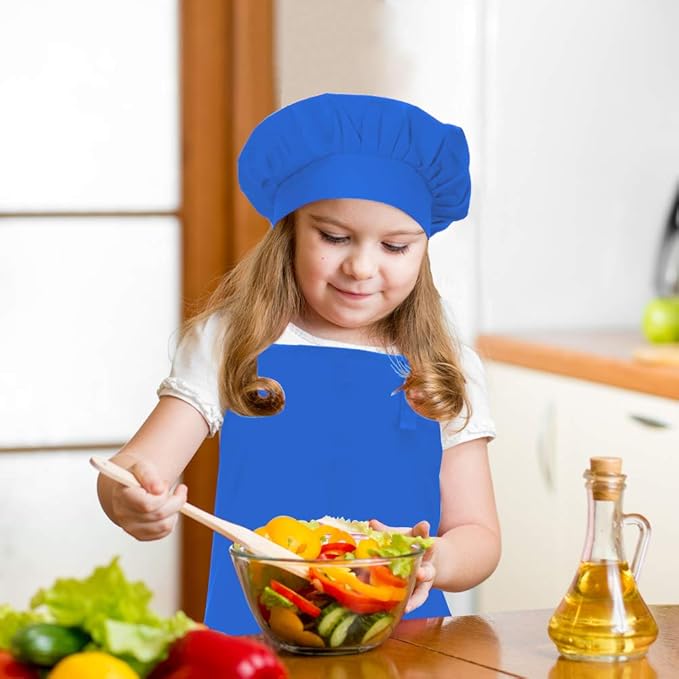 Kids Apron and Chef Hat Set, Adjustable Cotton Child Aprons with Large Pocket Blue Girls Boys Kitchen Bib Aprons for Cooking Baking Painting