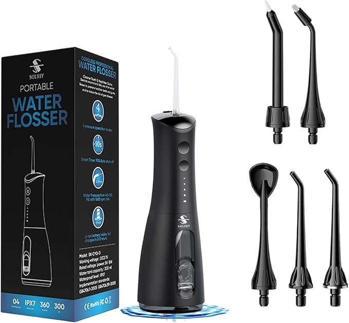 Cordless Water Flosser, Water Dental Flosser, Rechargeable Irrigation Cleaner,4 Modes Portable Water Flosser with 5 Nozzles, Water Flossers for Teeth, Dental Tools (Black)
