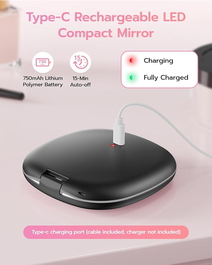 Benbilry 3.9" Rechargeable Compact Makeup Mirror with 3 Light Colors and Magnification 1X / 10X, Double Light Strip Dimmable Small LED Travel Mirror for Purse, Black