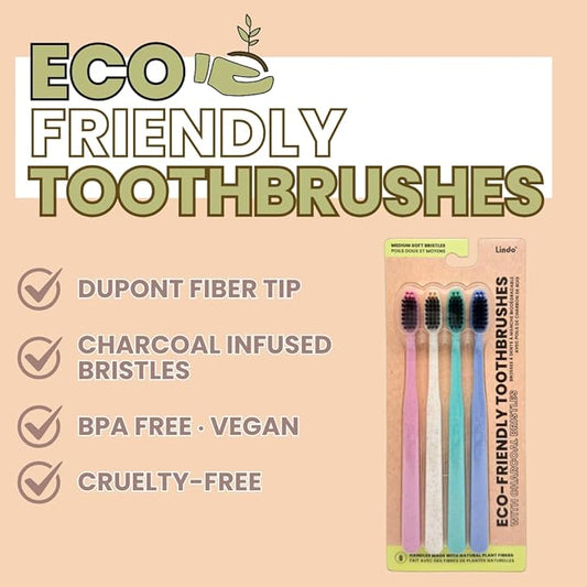 Lindo Eco-Friendly Toothbrushes with Charcoal Infused Bristles, Soft German Made Fiber Bristles, Organic and Recyclable, Multi-Colored, Pack of 4