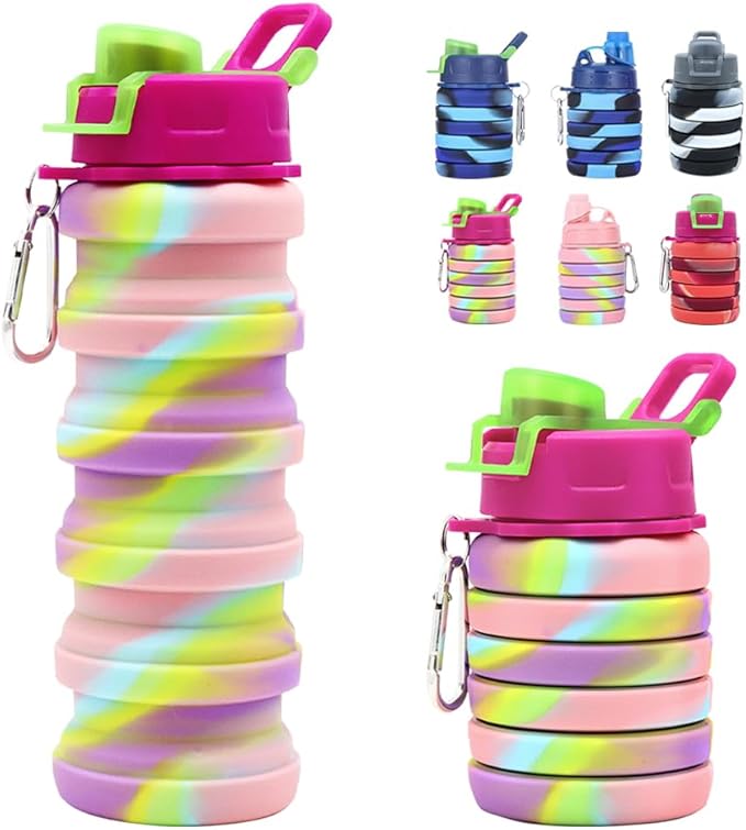 Silicone Collapsible Water Bottles, 16oz 500ml Portable Foldable Expandable Water Bottle Sports Cups, Leak Proof Reusable BPA Free, for Outdoor Activities Travel(2# Pink)