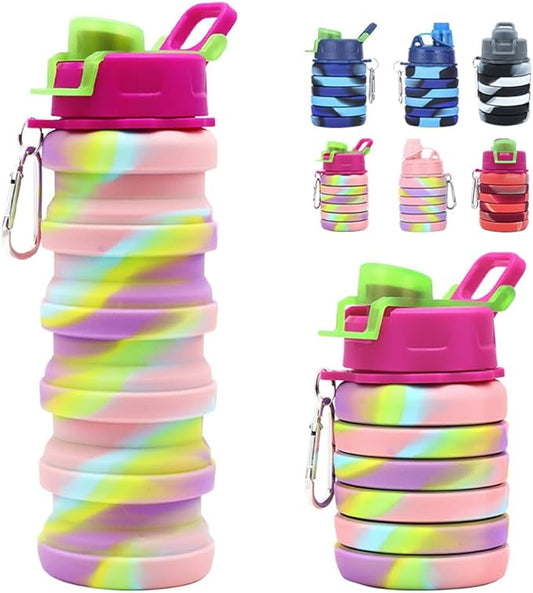 Silicone Collapsible Water Bottles, 16oz 500ml Portable Foldable Expandable Water Bottle Sports Cups, Leak Proof Reusable BPA Free, for Outdoor Activities Travel(2# Pink)