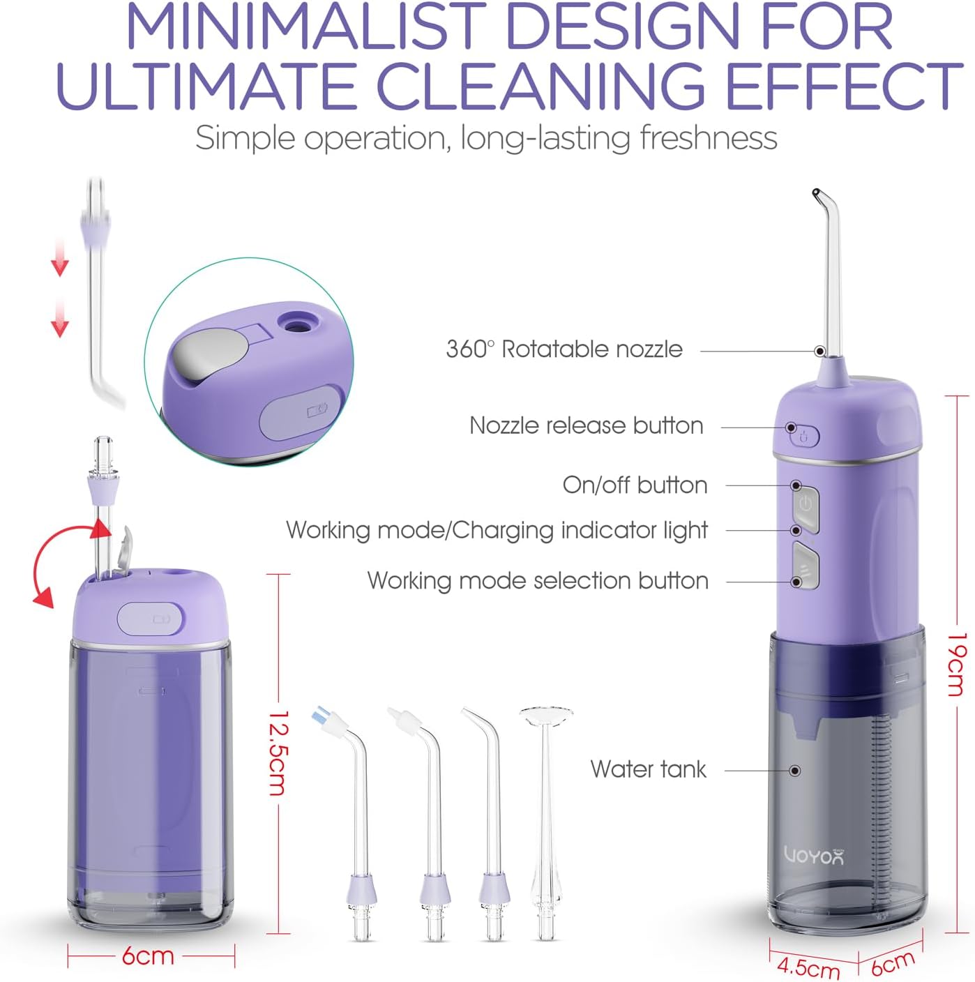 VOYOR-HEALTH Portable Water Flosser Cordless, Mini Travel Oral Irrigator with Telescopic Water Tank, IPX7 Waterproof Water Dental Flosser for Teeth Cleaning Braces & Dental Care WF510 (Purple)