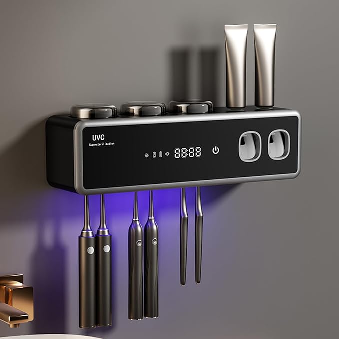 Wall Mounted Toothbrush Holders, Automatic Toothpaste Dispenser, 3 Cup Rechargeable Electric Toothbrush Holder with Smart Cleaning and Hot Air Drying,Bathroom Decor and Accessories (Black)