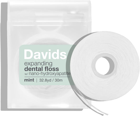 Davids Expanding Dental Floss + Refill w/Hydroxyapatite, No Break Woven Strands, Waxed, Vegan, Cocoa Butter & Mint, Kid Friendly, Refillable Dispenser, 66 yd
