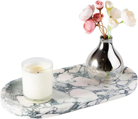 Koville Natural Marble Tray for Bathroom Countertop, Marble Vanity Trays for Perfume, Cosmetics, Jewelry, Decorative Tray for Dresser Organizer, Stone Storage Trays for Bathroom Decor(Grey)