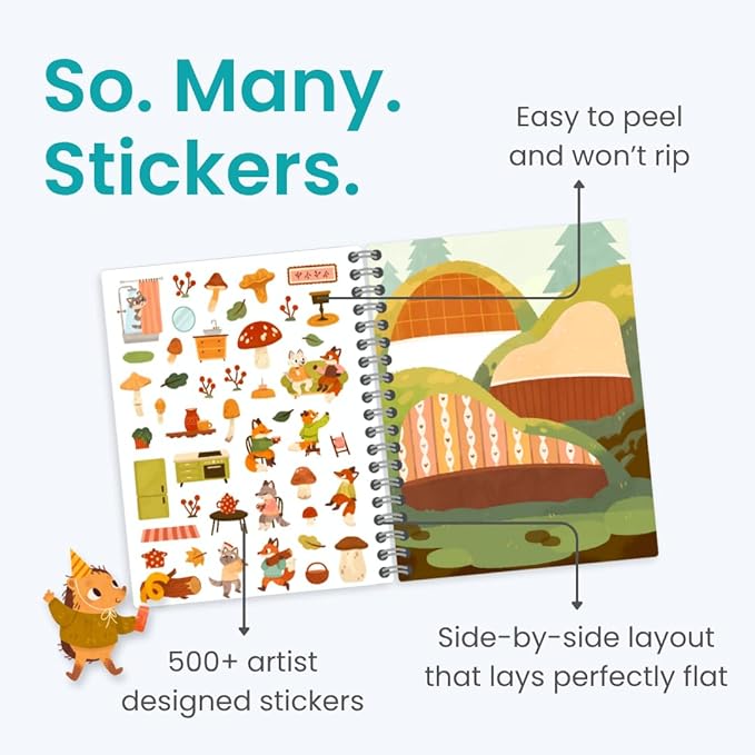 Cozy Homes of Furry Friends Sticker + Coloring Book (500+ Calendar Stickers for Kids & 12 Coloring Pages) Side by Side Activity Book, Fun Sticker Books, Boys & Girls Ages 2-4 4-8, 8-10