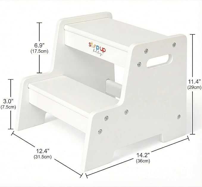 Stepup Baby Wooden Step Stool for Kids White – 2-Step Toddler Stool with Handles, Birch Plywood, Anti-Tip Base & Rounded Corners – Bathroom Sink & Countertop Step Stool