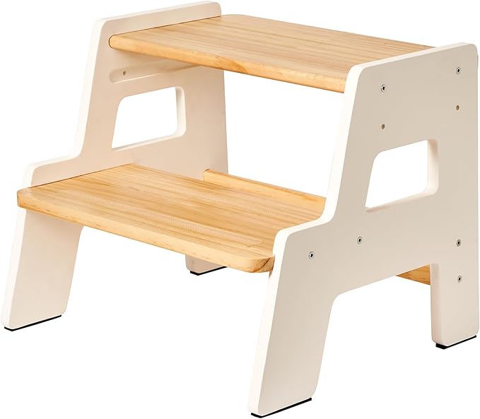 Toddler Step Stool for Kids - Height Adjustable Non-Slip Wooden Step Stool for Bathroom Sink, Kitchen & Potty Training 2-Step - White