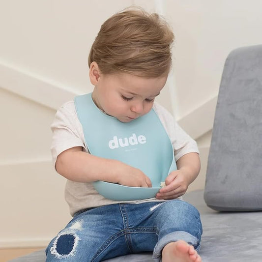 Baby Bib for Eating by Bella Tunno, Set of 2 Waterproof Silicone Bibs with Large Food Catcher, Adjustable Fit for Babies 4-12 months & Toddlers 1-3 Years, Boys & Girls, Dude & Mr Nice Guy