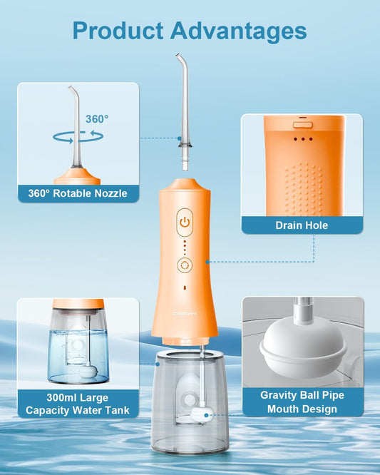 Operan Water Flossers for Teeth Cleaning, Upgraded 300ml Cordless Water Dental Flossers Portable Rechargeable Oral Irrigator with 4 Modes 4 Jet Tips IPX7 Waterproof for Home Travel, Orange
