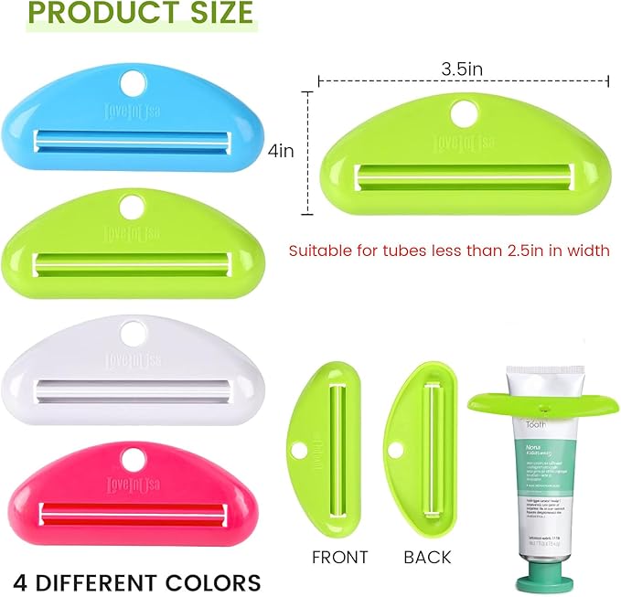 LOVEINUSA Toothpaste Tube Squeezer Dispenser, 4PCS Hanging Tooth Paste Clips Roller Squeezer Holder for Saving Toothpaste Facial Cleanser Creams Paint, Multicolor