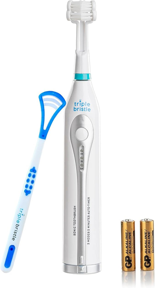 Triple Bristle GO | Portable AA Battery Sonic Toothbrush for Travel | Three Brush Modes | Great for Autistic & Special Needs Adults and Kids Teeth Whitening Stri