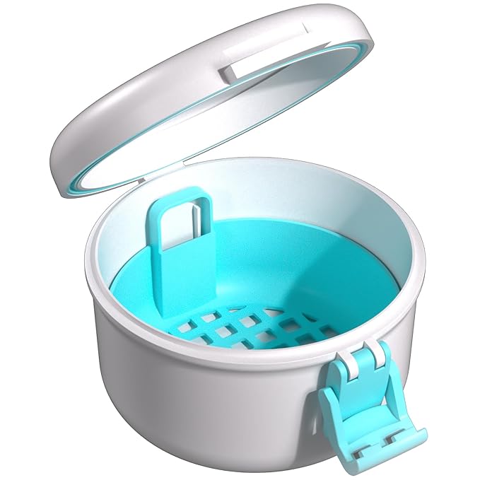 ARGOMAX Leak Proof Retainer Cleaner Case, Denture Cups for Soaking Dentures, Denture Travel Case (White+Blue).